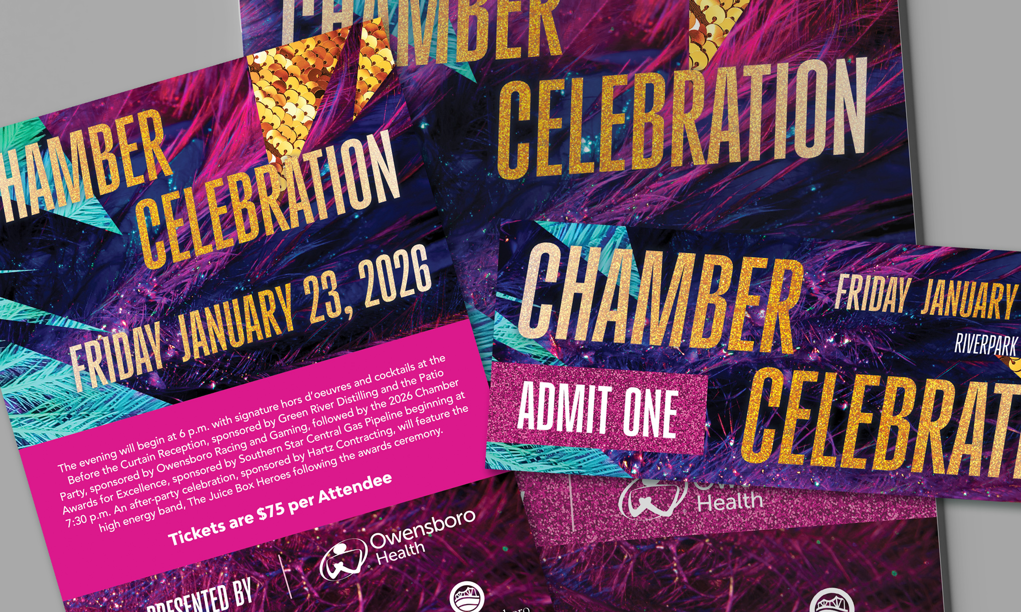 Print materials for the 2026 Chamber Celebration include invitations, tickets, and programs