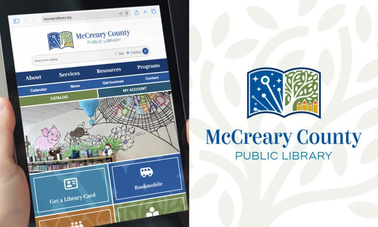 McCreary County Public Library on a tablet, alongside new logo