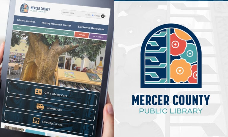 Mercer County Public Library website on a tablet, alongside new logo