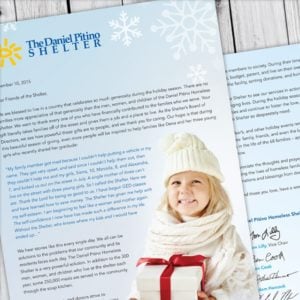 Print campaign items for The Daniel Pitino Shelter - includes newsletter, pledge card, envelopes, Christmas letter and Christmas-themed pledge card.