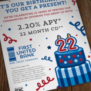 Various print items designed for First United Bank