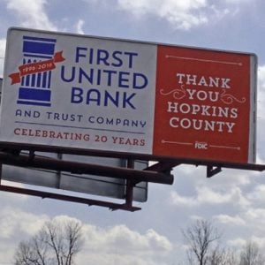 Identity refresh for First United Bank and Trust in Hopkins County, Kentucky, including an updated corporate identity, billboards, customer information booklet, newspaper ads and t-shirts.