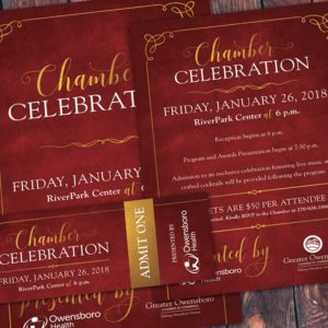 Chamber Celebration materials - including sponsorship guide, invitation, ticket, program, banners and digital backgrounds for video presentation - designed for the Greater Owensboro Chamber of Commerce.