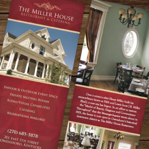 Print and identity design for The Miller House that includes logo, business card, rack card and menu designs.