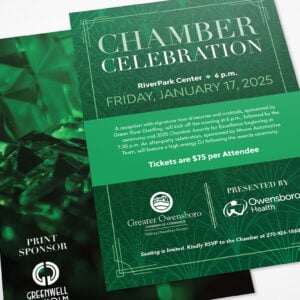 Chamber Celebration materials - including sponsorship guide, invitation, ticket, event program and banners - designed for the Greater Owensboro Chamber of Commerce.