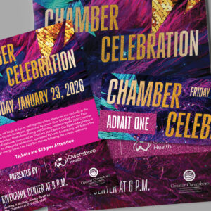 Chamber Celebration materials - including sponsorship guide, invitation, ticket, event program and banners - designed for the Greater Owensboro Chamber of Commerce.