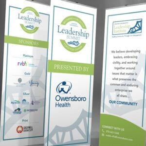 Summit materials designed for Greater Owensboro Leadership Institute that includes banners, posters, rack card and guide book
