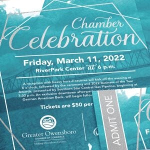 Chamber Celebration materials - including sponsorship guide, invitation, ticket, event program and banners - designed for the Greater Owensboro Chamber of Commerce.